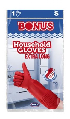 Gumikesztyű, háztartási, latex, extra hosszú, 38 cm, S méret, BONUS, piros