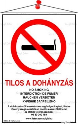Információs tábla, 21x30 cm, többnyelvű, "Tilos a dohányzás!"