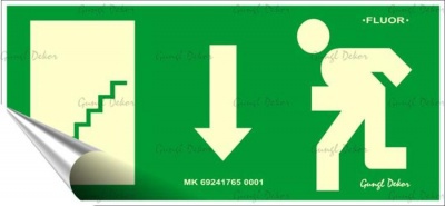 Információs matrica, 25x11,5 cm, fluoreszkáló, utánvilágítós, "Menekülési irány le, lépcső balra"